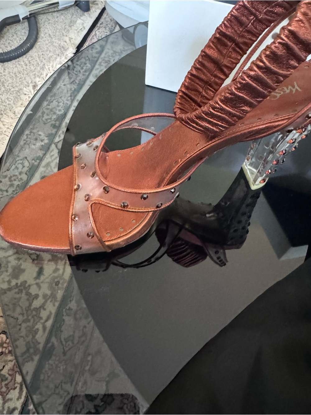 Yves Saint Laurent Metallic Copper Studded Ankle-Strap Heels - Picture 9 of 10